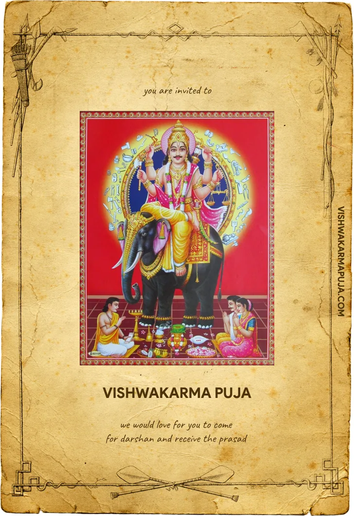 Vishwakarma Puja invitation card on aged paper with Lord Vishwakarma riding an elephant and devotees worshipping on a red background