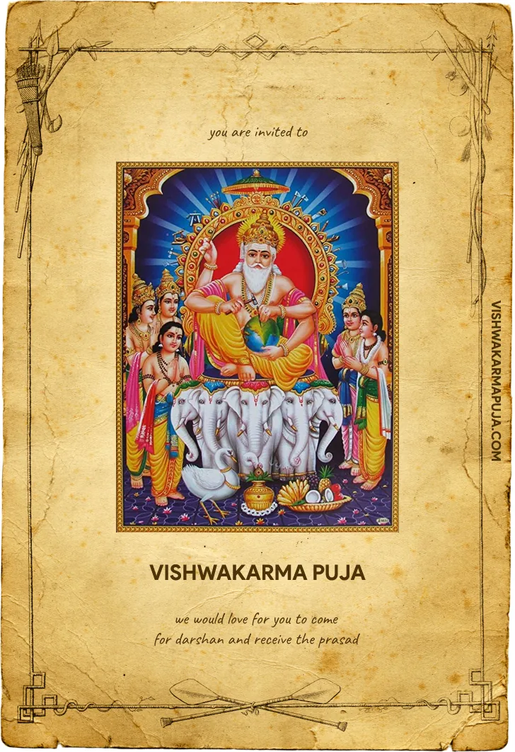 Vishwakarma Puja invitation card on aged paper with Lord Vishwakarma holding a globe, seated above white elephants with attendants