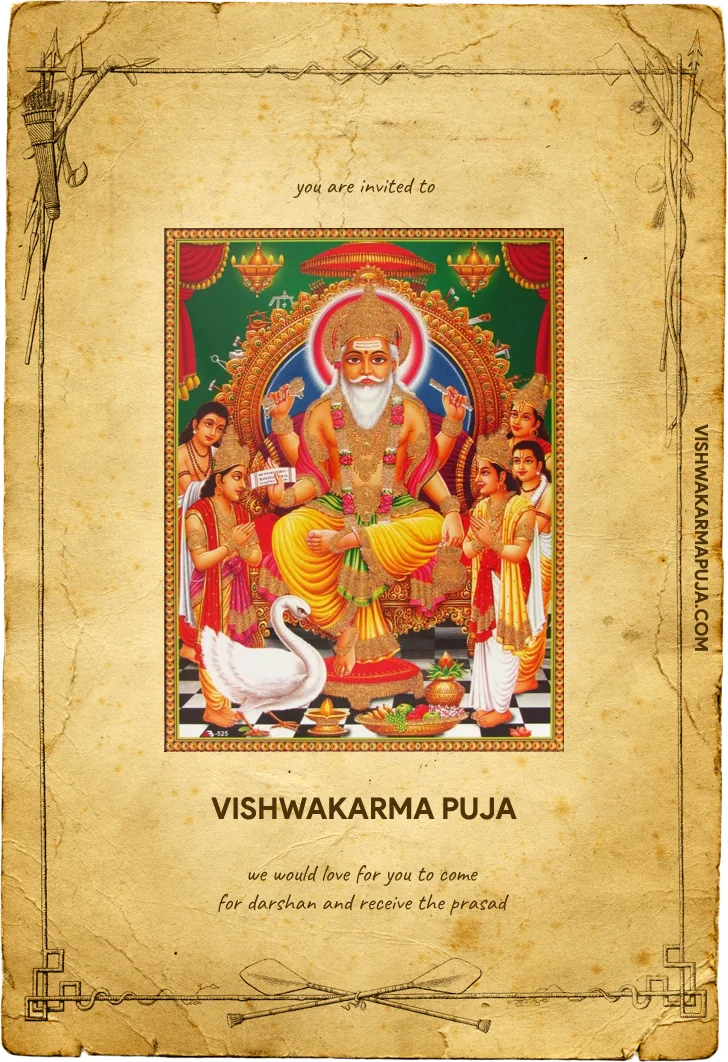 Vishwakarma Puja invitation card on aged paper with Lord Vishwakarma on a throne against a green background with a swan on a chequered floor