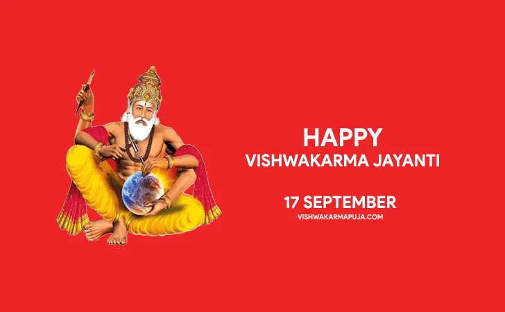Happy Vishwakarma Jayanti greeting with Lord Vishwakarma holding a globe and a chisel on a red background