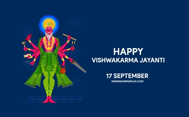 Happy Vishwakarma Jayanti greeting with a many-armed illustration of Lord Vishwakarma holding tools on a navy background