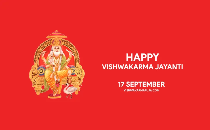 Happy Vishwakarma Jayanti greeting with Lord Vishwakarma seated on a throne with a swan on a red background