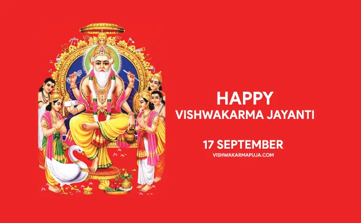 Happy Vishwakarma Jayanti greeting with Lord Vishwakarma, his attendants and a swan on a red background
