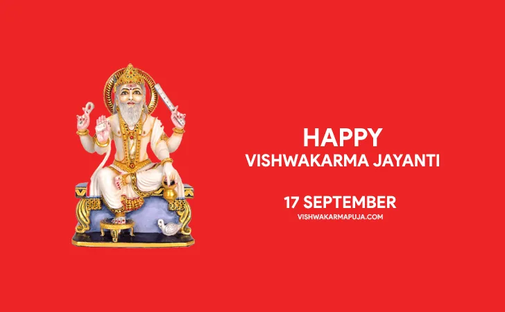 Happy Vishwakarma Jayanti greeting with a white idol of Lord Vishwakarma on a red background