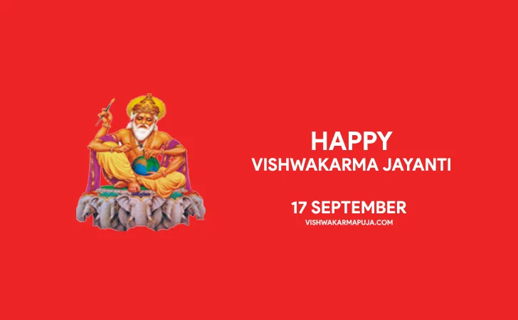 Happy Vishwakarma Jayanti greeting with Lord Vishwakarma holding a globe, seated on elephants, on a red background