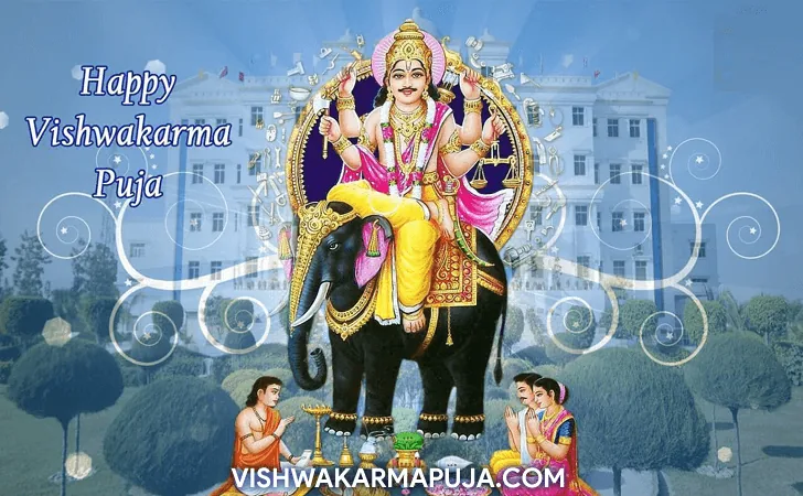 Happy Vishwakarma Puja greeting with Lord Vishwakarma riding an elephant in front of a large white building