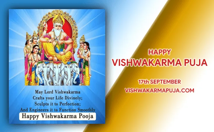Happy Vishwakarma Puja greeting with an English blessing and Lord Vishwakarma above white elephants on a blue panel