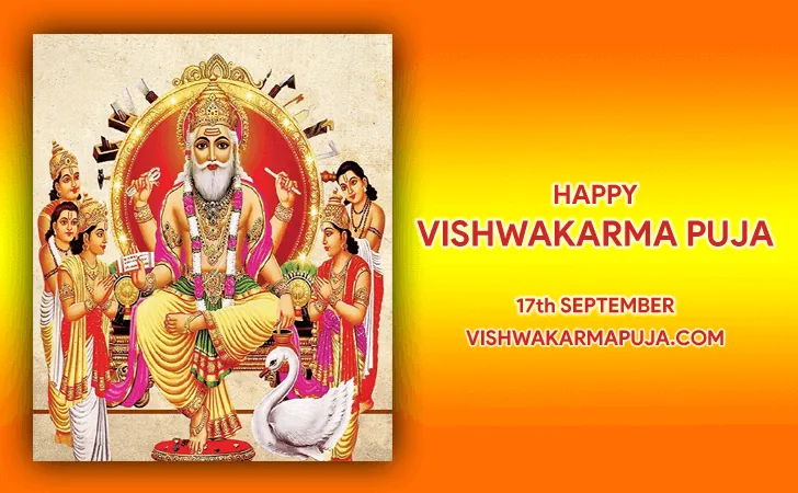 Happy Vishwakarma Puja greeting with Lord Vishwakarma and his attendants on an orange and yellow background