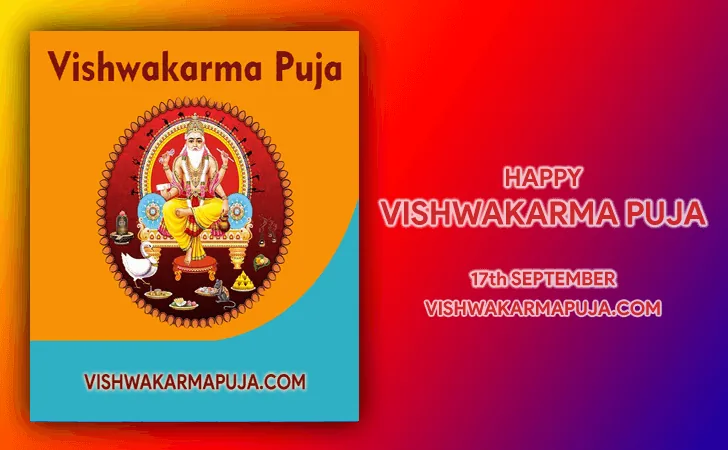 Happy Vishwakarma Puja greeting with Lord Vishwakarma in a round frame on a red to purple background