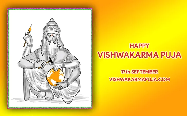 Happy Vishwakarma Puja greeting with a pencil sketch of Lord Vishwakarma shaping an orange globe