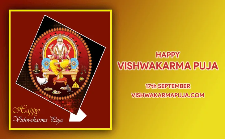 Happy Vishwakarma Puja greeting with a tilted picture of Lord Vishwakarma in a round frame on a maroon and yellow background