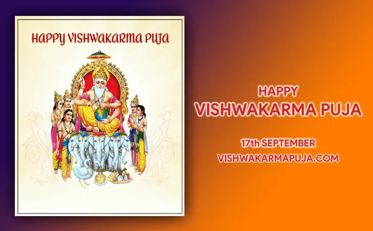 Happy Vishwakarma Puja greeting with Lord Vishwakarma above white elephants on a cream card and an orange background