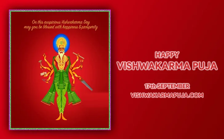 Happy Vishwakarma Puja greeting with a many-armed illustration of Lord Vishwakarma holding tools on a red background