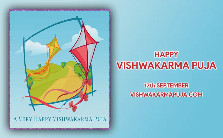 Happy Vishwakarma Puja greeting with yellow and red kites flying over green hills on a light blue background
