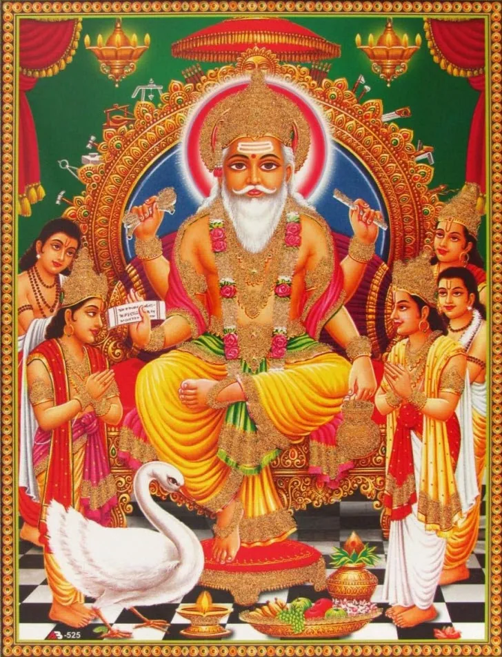 Lord Vishwakarma seated on a throne with a swan and four attendants against a green background