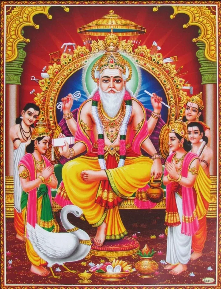 Lord Vishwakarma seated under a golden parasol with his swan and four attendants on a red background