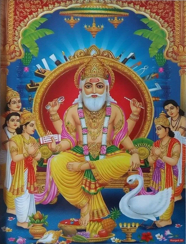 Lord Vishwakarma on a throne with his swan, attendants and tools behind him on a blue background