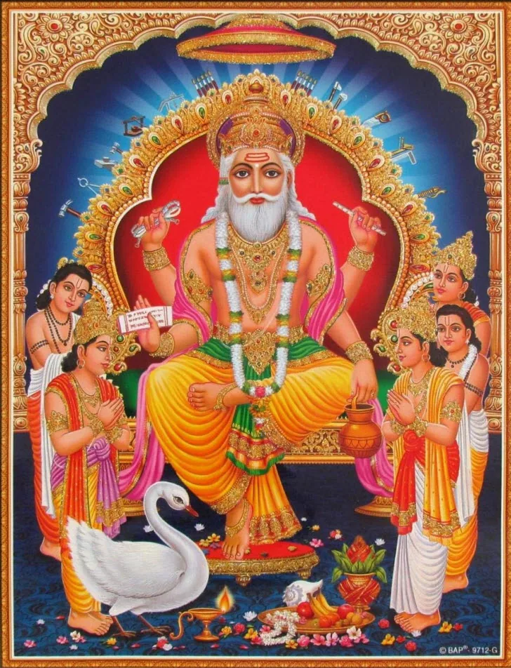Lord Vishwakarma seated on a throne with a swan, attendants and puja offerings on a dark blue floor