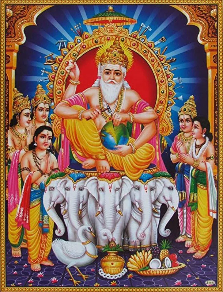 Lord Vishwakarma holding a globe, seated above white elephants with attendants on both sides