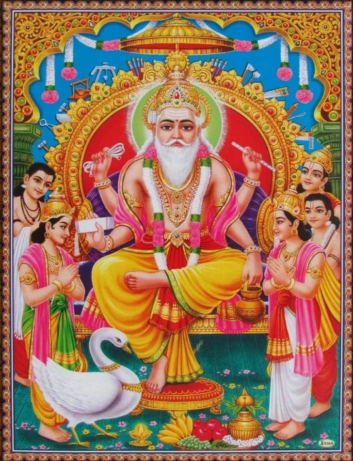 Lord Vishwakarma seated under a golden parasol with his swan and attendants on a blue and green background