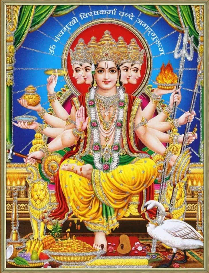 Five-faced, many-armed form of Lord Vishwakarma on a throne with a swan and a Sanskrit line above