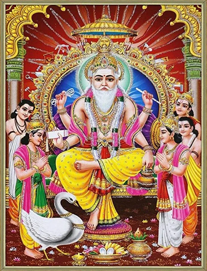 Lord Vishwakarma seated with a swan and four attendants under a golden parasol on a dark red background