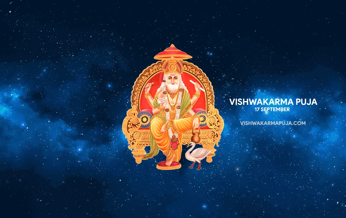 Vishwakarma Puja wallpaper with Lord Vishwakarma seated on an ornate throne with a swan against a starry night sky