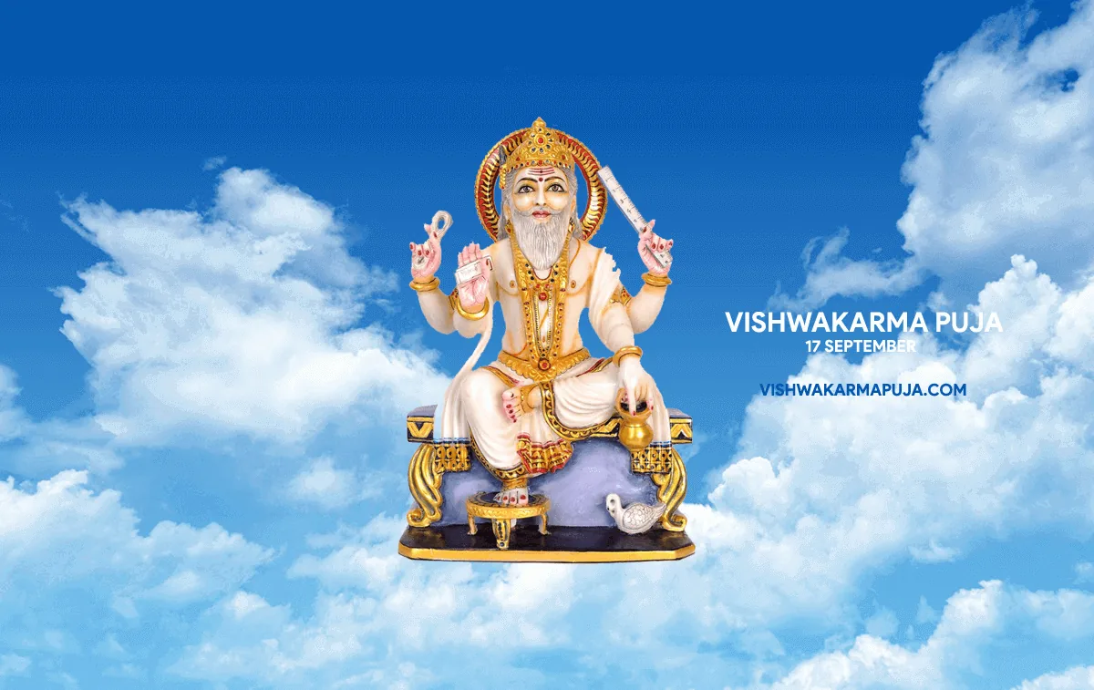 Vishwakarma Puja wallpaper with a white idol of Lord Vishwakarma on a throne among blue sky and clouds