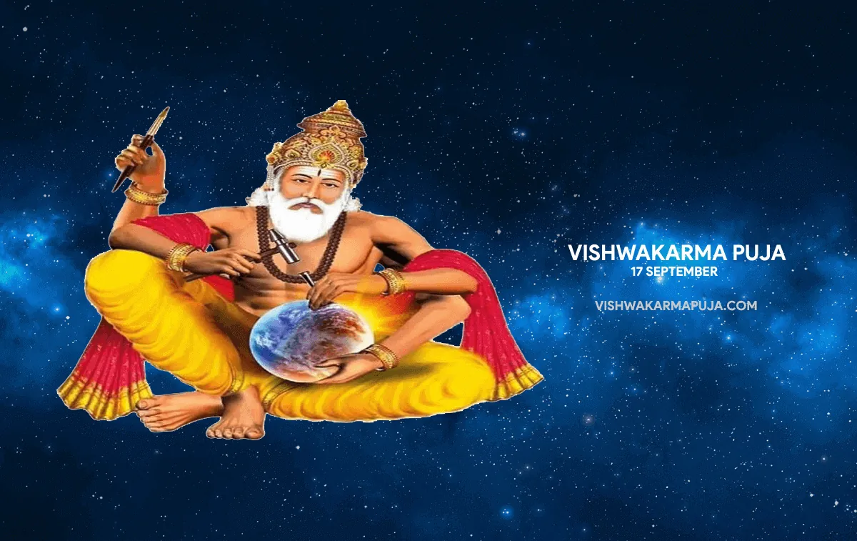 Vishwakarma Puja wallpaper with Lord Vishwakarma shaping a globe with a chisel against a starry sky
