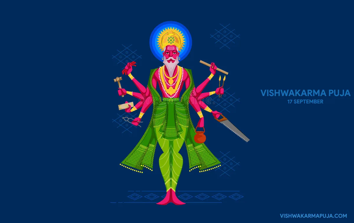 Vishwakarma Puja wallpaper with a many-armed illustration of Lord Vishwakarma holding tools on a dark blue background