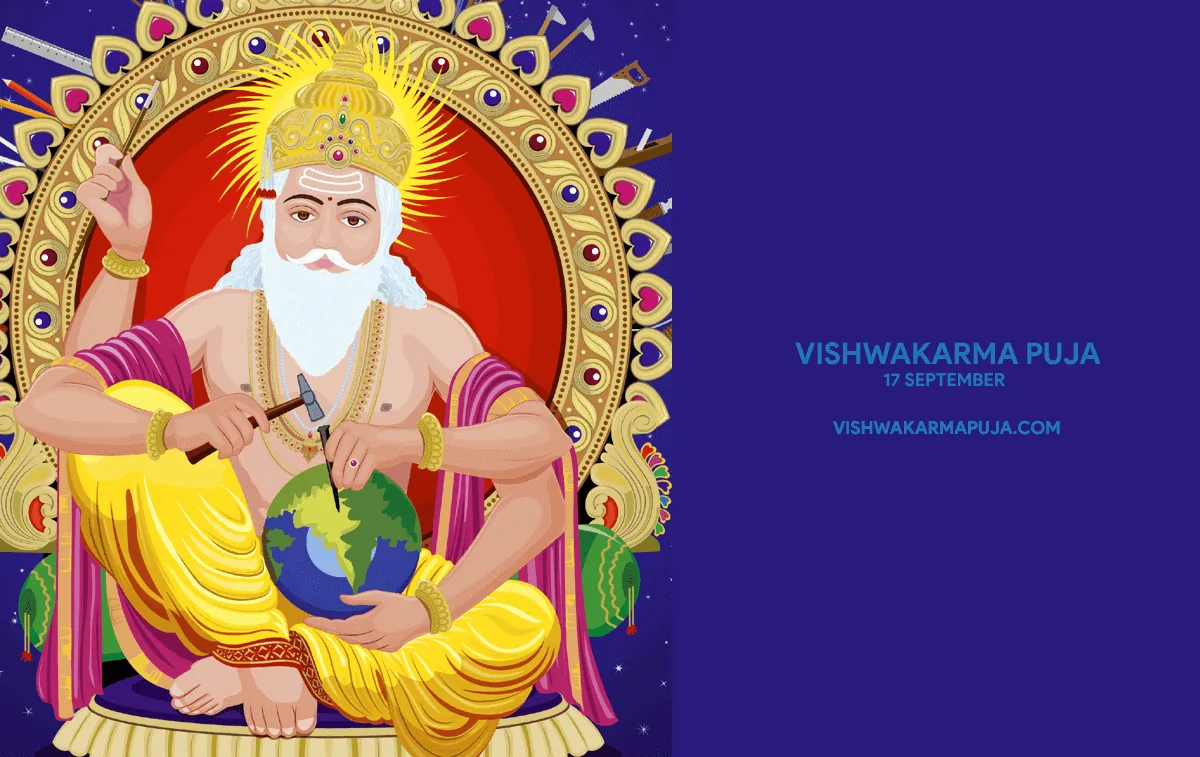 Vishwakarma Puja wallpaper with an illustration of Lord Vishwakarma shaping a globe with a hammer and chisel on a violet background