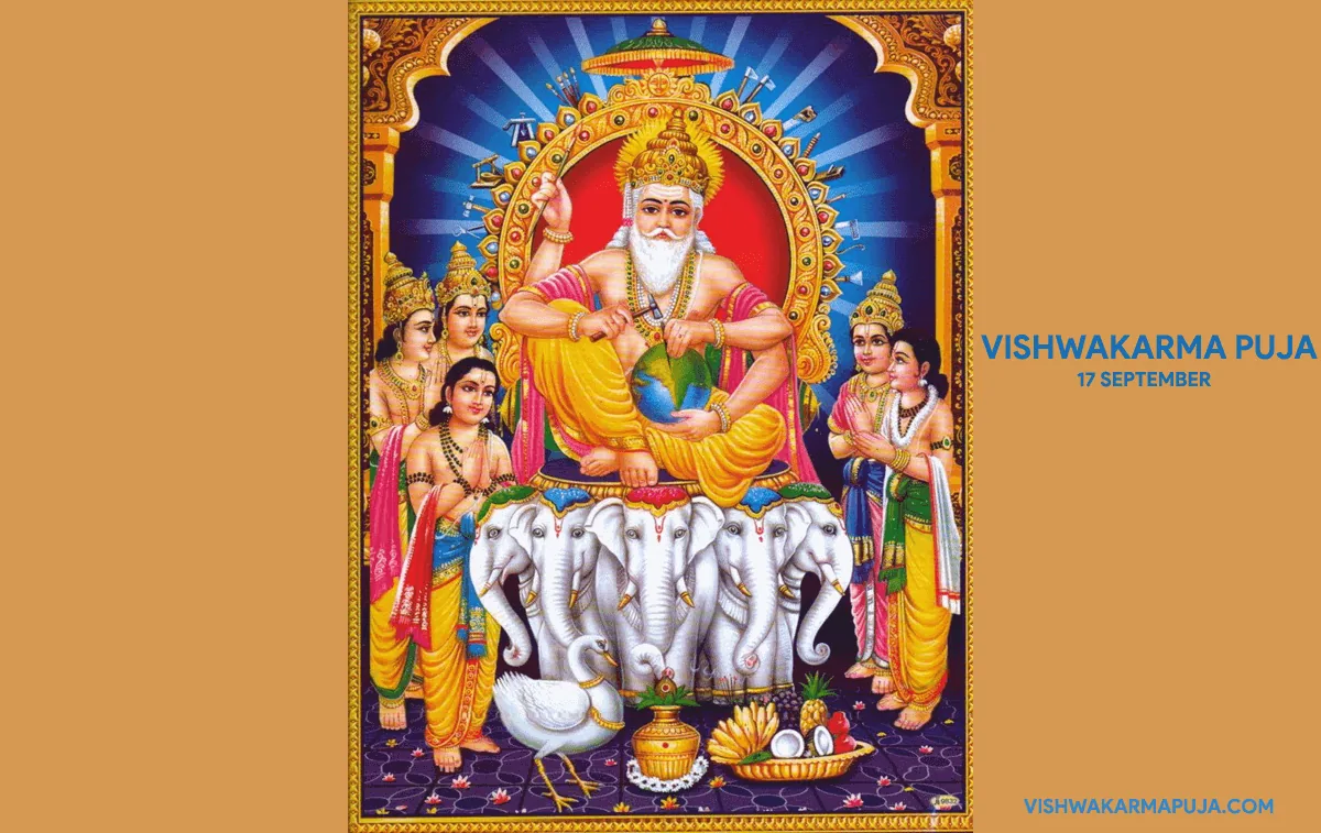 Vishwakarma Puja wallpaper with a picture of Lord Vishwakarma holding a globe above white elephants on a light brown background
