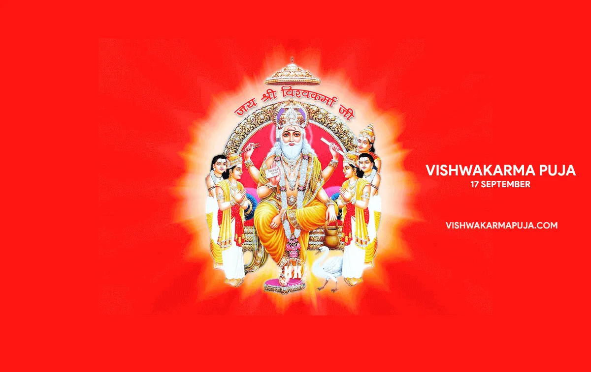 Vishwakarma Puja wallpaper with Lord Vishwakarma and attendants in a glowing circle on a bright red background