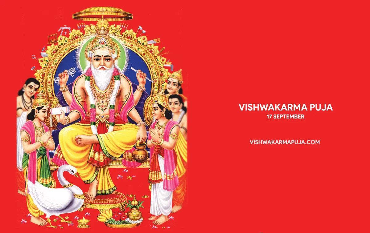 Vishwakarma Puja wallpaper with Lord Vishwakarma on a throne with his swan and attendants on a red background