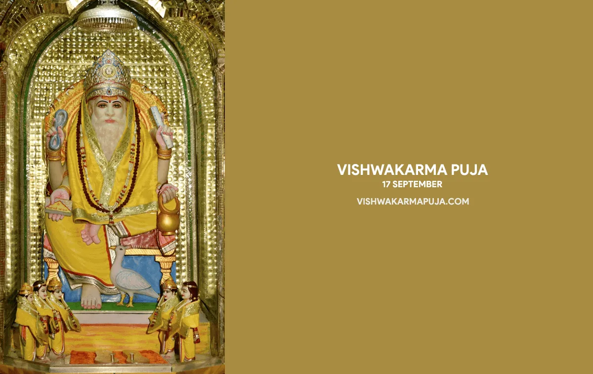 Vishwakarma Puja wallpaper with a photo of a temple idol of Lord Vishwakarma in a golden shrine on an olive background
